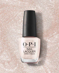 OPI nail polish bottle of Gemini and I nail lacquer standing upright, showcasing a soft shimmery pale pink shade against a matching glittery background, highlighting the elegant neutral manicure color for US shoppers.
