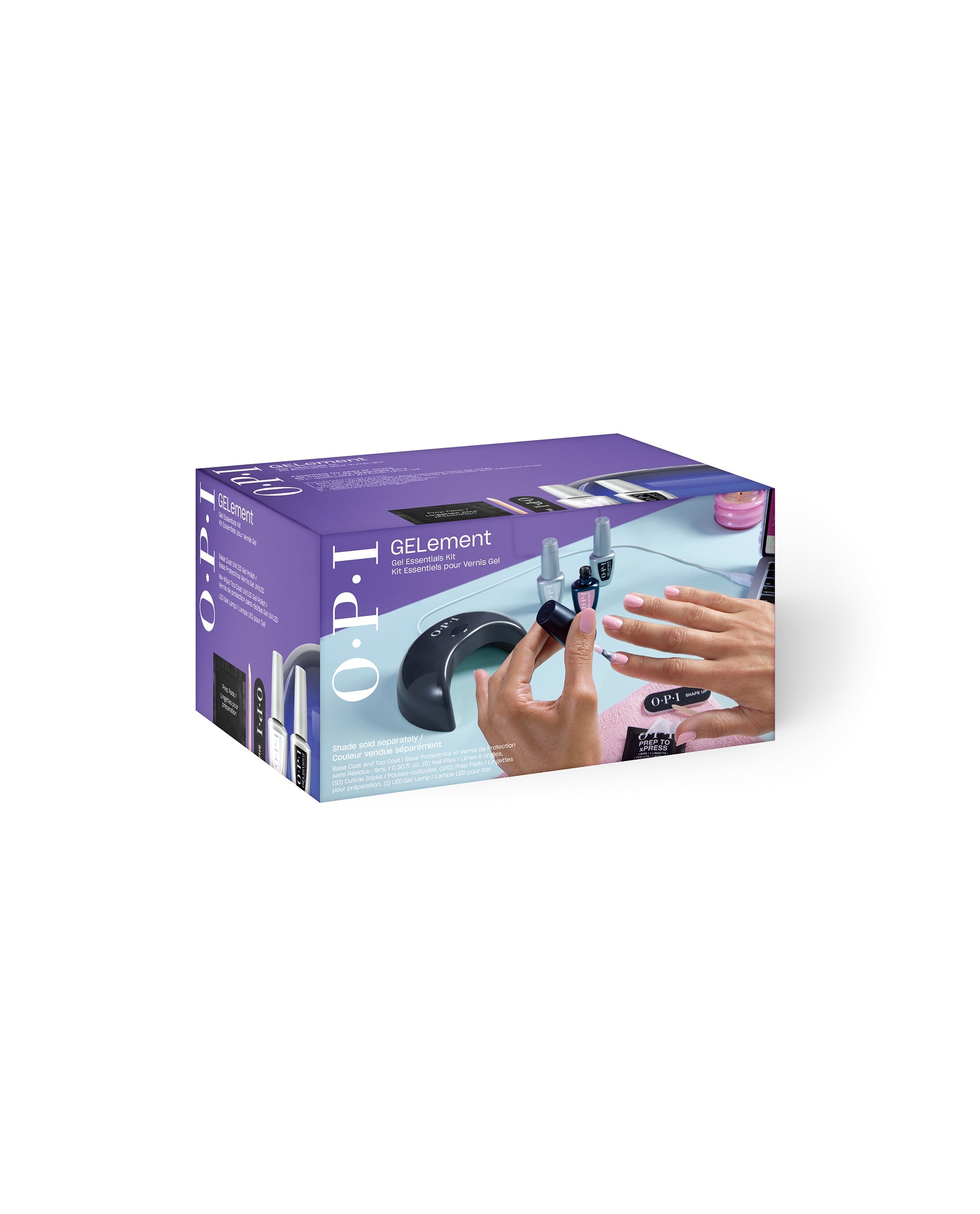 OPI GELement Gel Essentials Kit nail polish gift set box showing hands applying gel polish under an LED lamp with gel bottles and tools on a manicure table, highlighting at-home gel manicure kit contents.