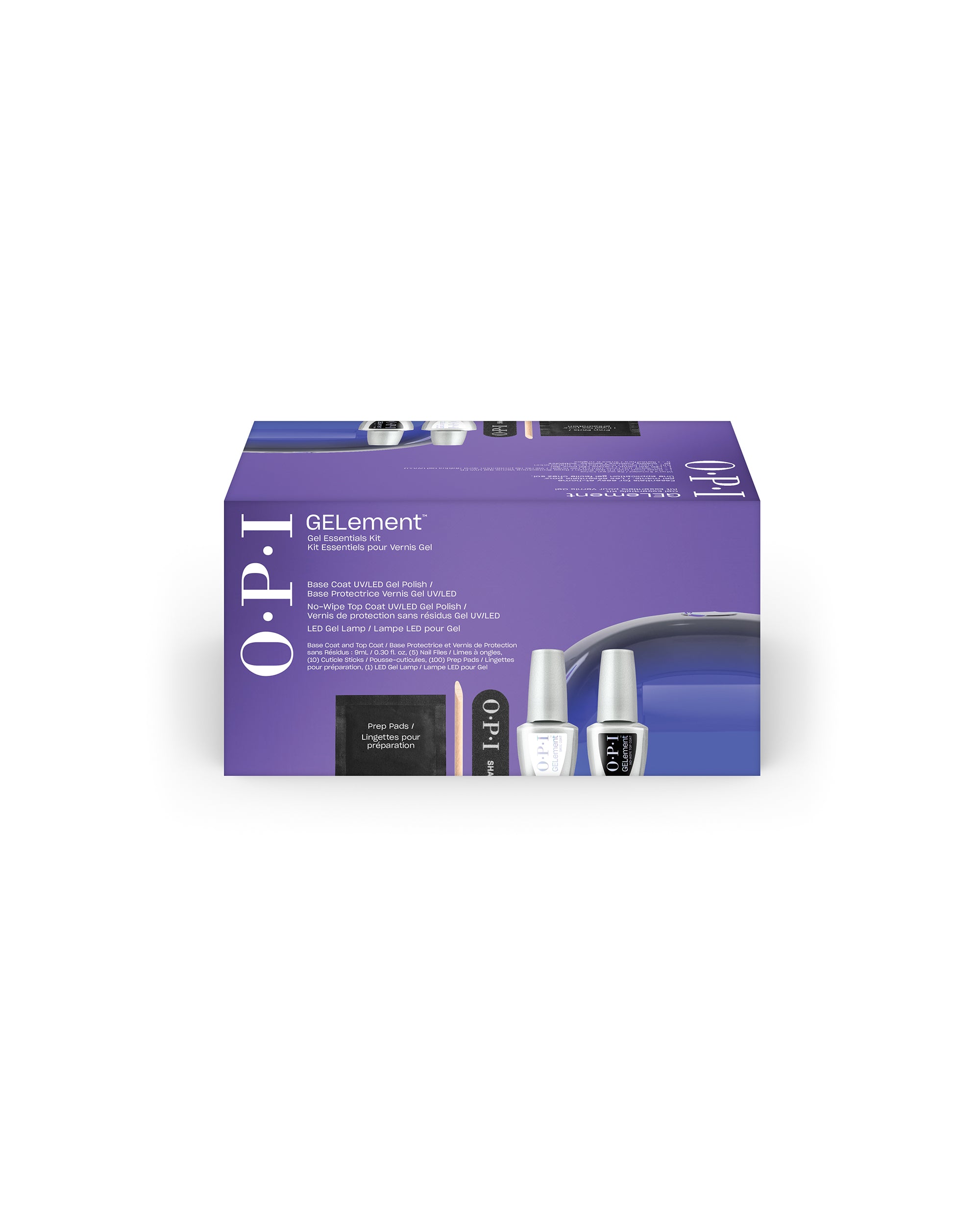 OPI GELement Gel Essentials Kit nail polish gift set box showing purple packaging with base coat, no-wipe top coat, LED gel lamp, nail file, and prep pads arranged on the front against a clean white background.