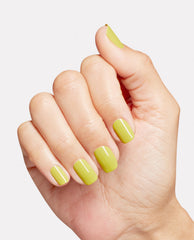 Manicured hand showcasing glossy lime-green nails painted with Give Me Some Suga Cane, OPI Nature Strong Vegan Nail Lacquer—a fresh green nail polish ideal for spring nail colors—shown in a studio close-up on a clean white background.