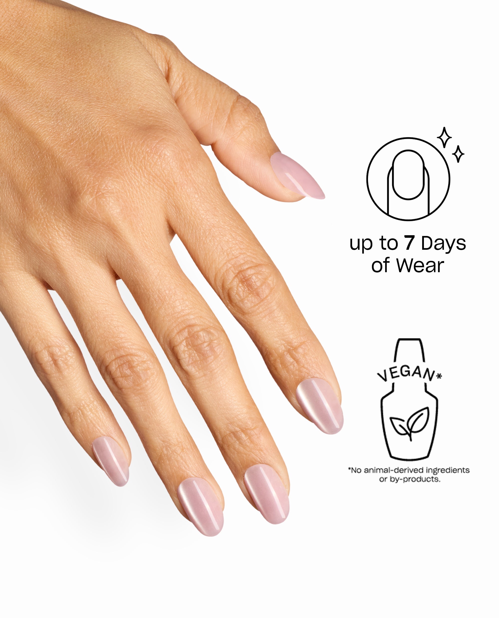 OPI Glass in Session Sticking Point press-on nails in glossy sheer pink are worn on a hand, highlighting almond-shaped fall nail colors with up to 7 days of wear and a vegan formula.