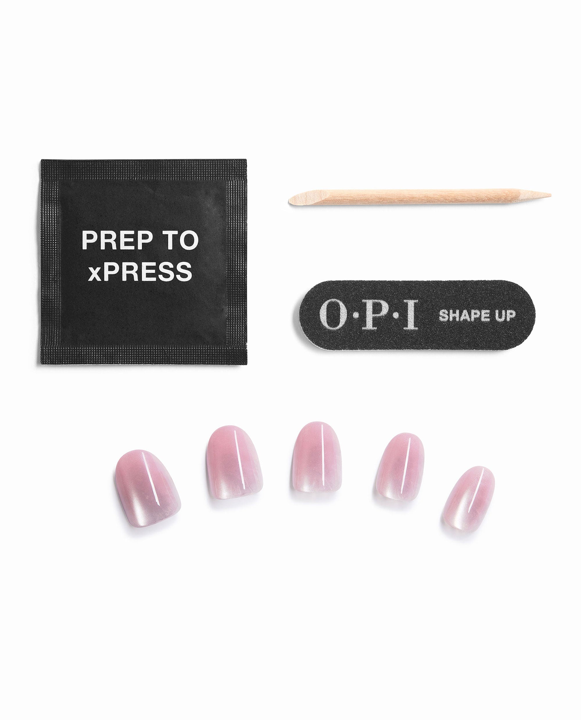 OPI Glass in Session Sticking Point press-on nails kit showcases pearly pink fall nail colors with artificial nails, Prep to xPress wipe, wooden cuticle stick, and Shape Up file on white.
