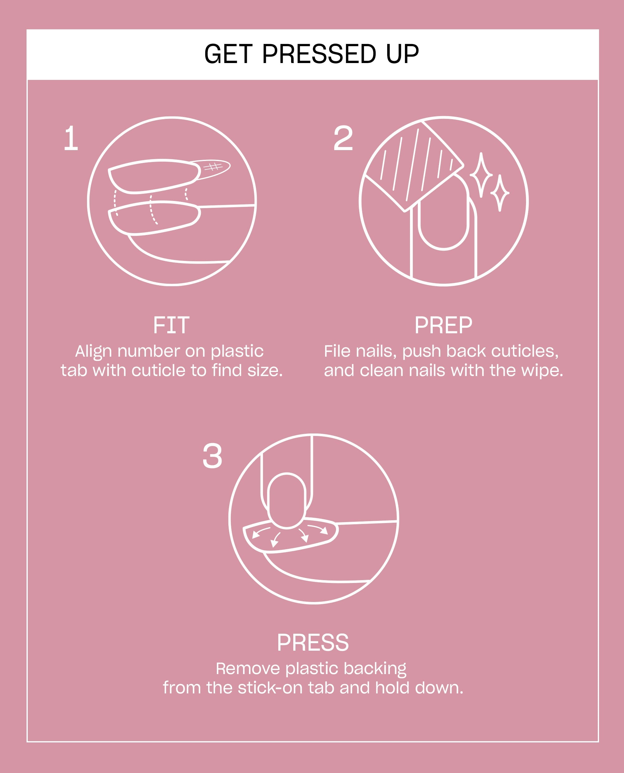 OPI Glass in Session Sticking Point press-on nail instructions show fit, prep, and press steps with white line nail diagrams on a pink background for fall nail colors.