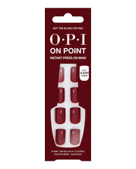 OPI On Point Got the Blues for Red instant press-on mani nails in glossy deep red displayed in a burgundy carton, featuring 24 nails, glue, file, buffer, cuticle stick, and up to 14 days of wear for fall nail colors.
