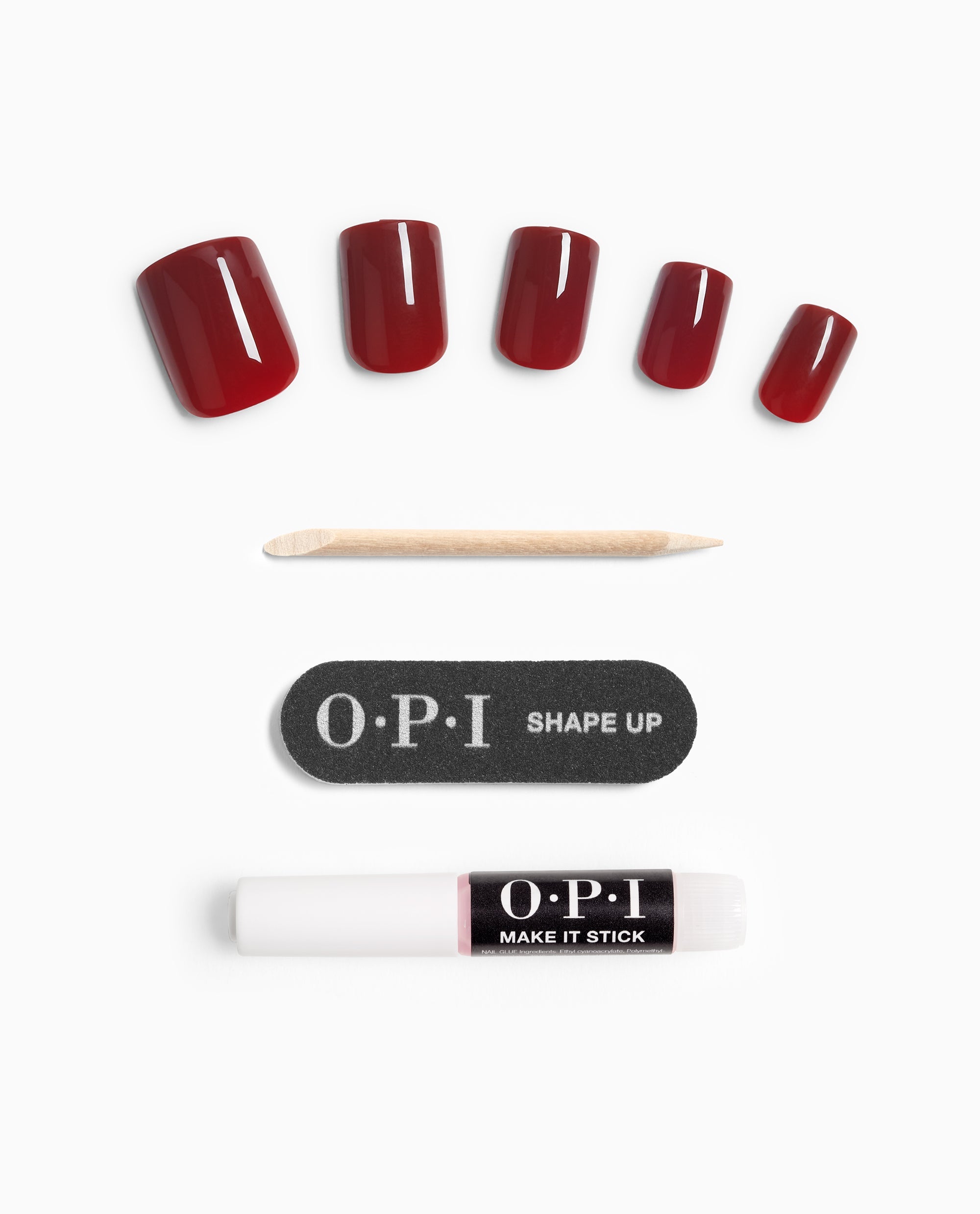 OPI Got the Blues for Red On Point press-on nails display glossy deep red fall nail colors with included cuticle stick, Shape Up nail file, and Make It Stick glue on a white background.