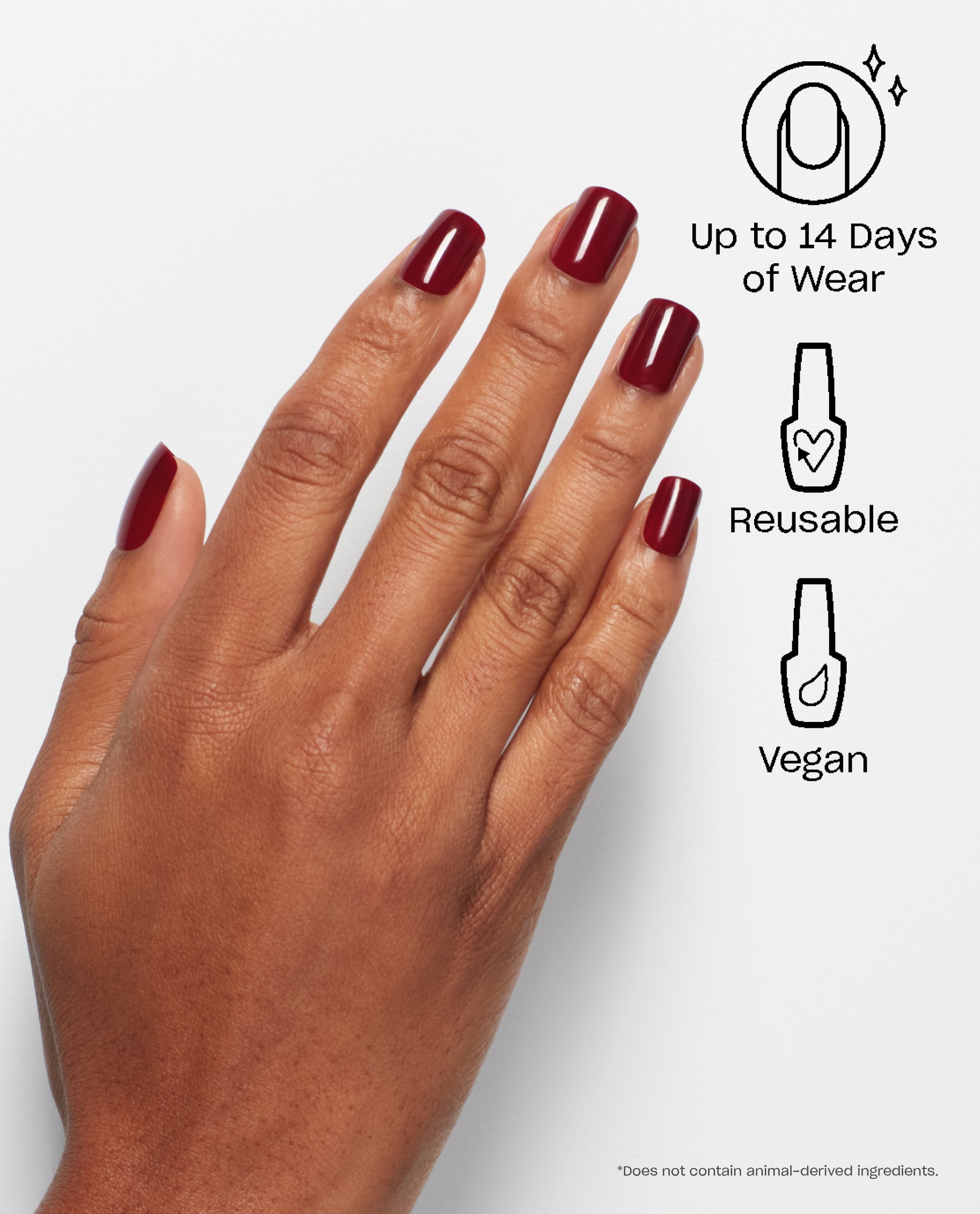 Got the Blues for Red OPI On Point nails shown on a hand with glossy deep burgundy red square tips, highlighting reusable vegan wear for up to 14 days, ideal for fall nail colors.