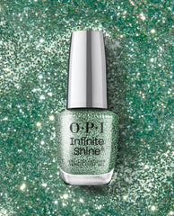 OPI Infinite Shine Hang the Mintsell bottle standing upright, its minty green glitter gel lacquer catching light, set against a matching sparkle backdrop—a fresh green nail polish pick for spring nail colors from OPI.