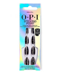 OPI Hiss & Tell Sticking Point no-glue press-on nails display black snakeskin-inspired designs on nude tips in an iridescent box, a bold choice for fall nail colors.