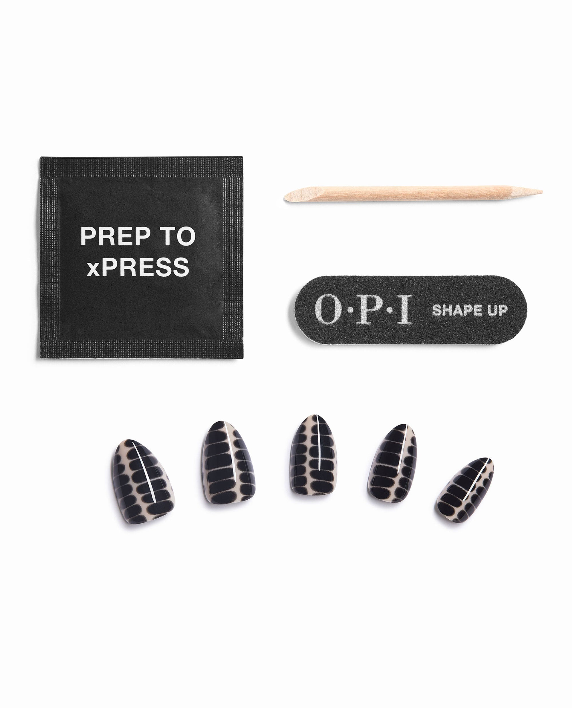 OPI Hiss & Tell Sticking Point press-on nail kit displays black snake-print fall nail colors with a prep pad, wooden cuticle stick, and Shape Up nail file on a white background.