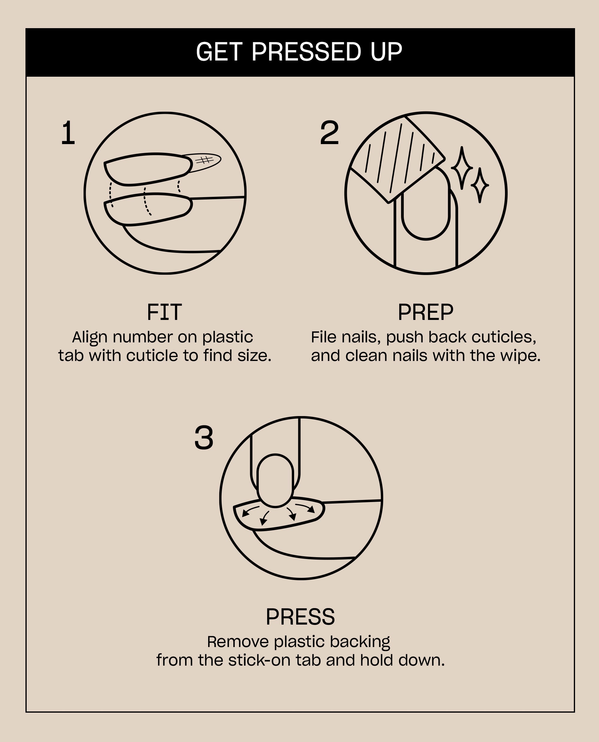 Hiss & Tell Sticking Point press-on nail instructions show three steps: fit the artificial nail, prep by filing and wiping, then press the adhesive tab for an OPI fall nail colors manicure.