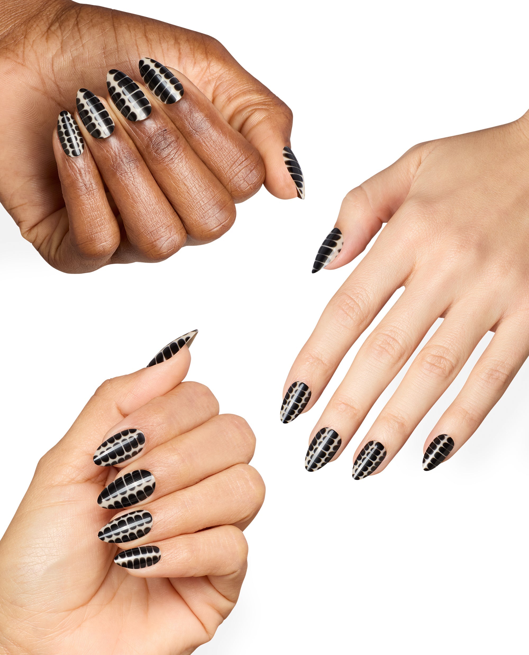 Hands modeling OPI Hiss & Tell Sticking Point almond nails with glossy black and beige snakeskin pattern, showcasing bold fall nail colors on a clean white background.