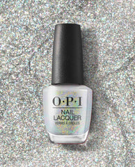OPI nail polish bottle of I Cancer-tainly Shine nail lacquer standing upright on a sparkling silver glitter background, showcasing its iridescent white shimmer finish for manicures and pedicures.