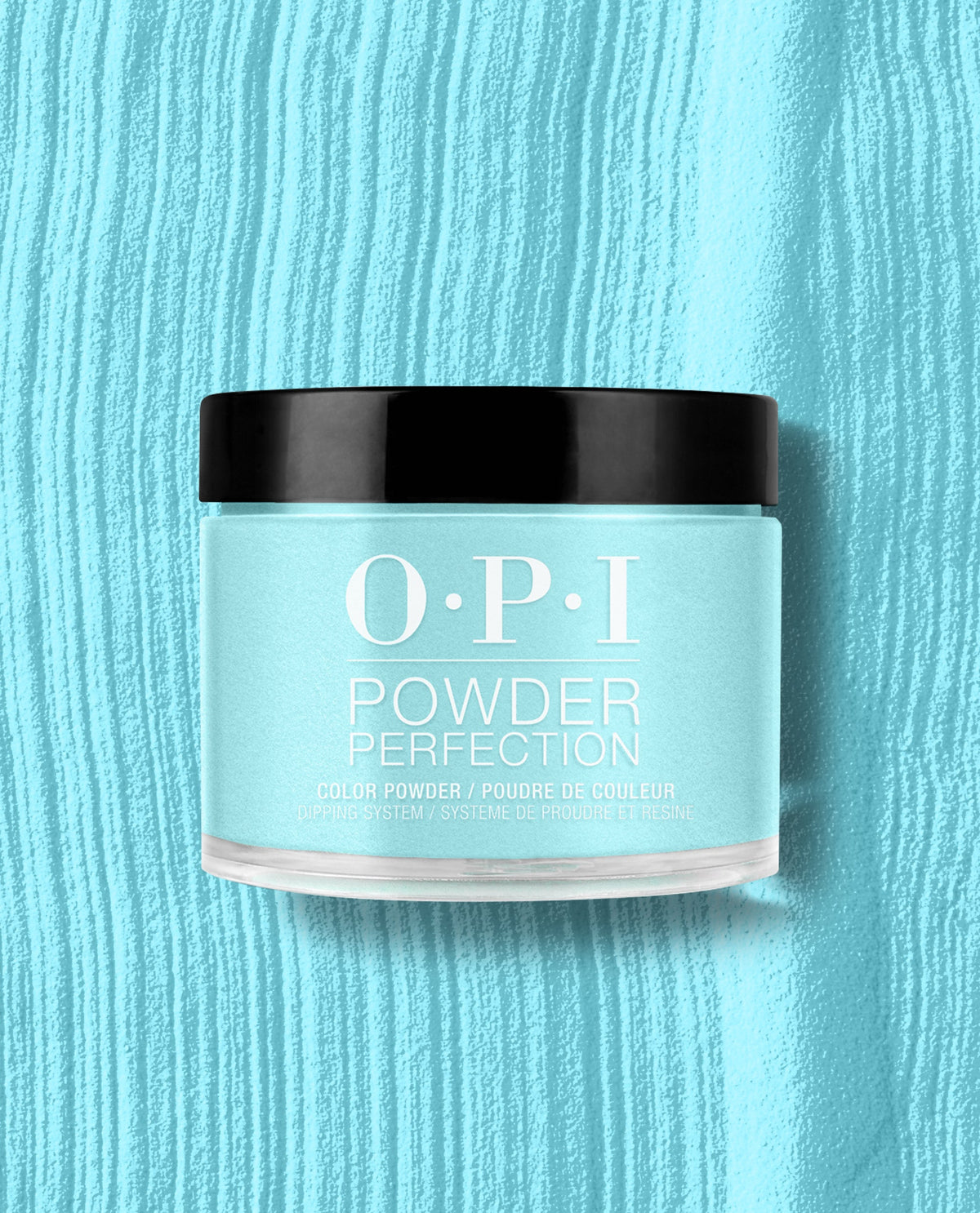 OPI Powder Perfection I’m Yacht Leaving dipping powder jar showing a bright aqua-blue shade on a matching textured backdrop—an OPI pick for spring nail colors that appeals to green nail polish fans.