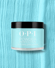 OPI Powder Perfection I’m Yacht Leaving dipping powder jar showing a bright aqua-blue shade on a matching textured backdrop—an OPI pick for spring nail colors that appeals to green nail polish fans.