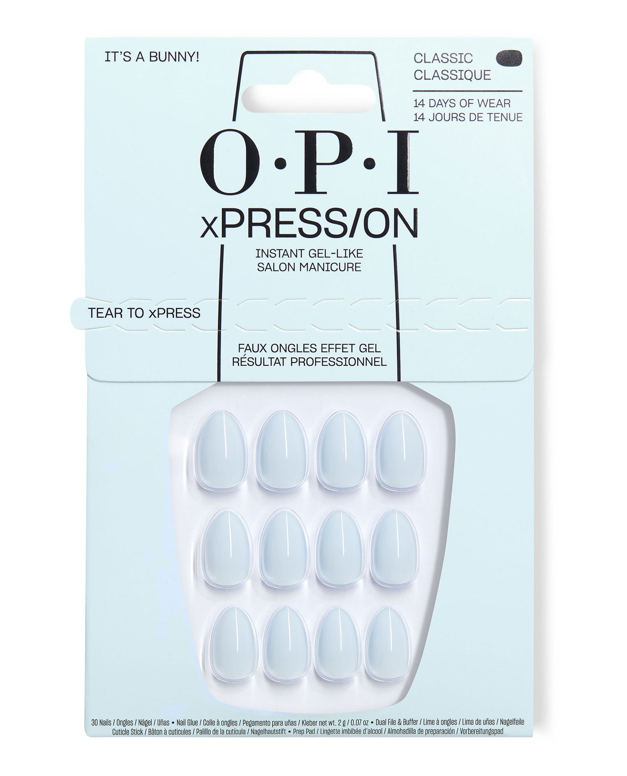 OPI xPRESS/ON It's a Bunny! press-on nails displayed in pale blue packaging, featuring glossy classic short oval nails in a soft white gel-like finish for up to 14 days of wear.