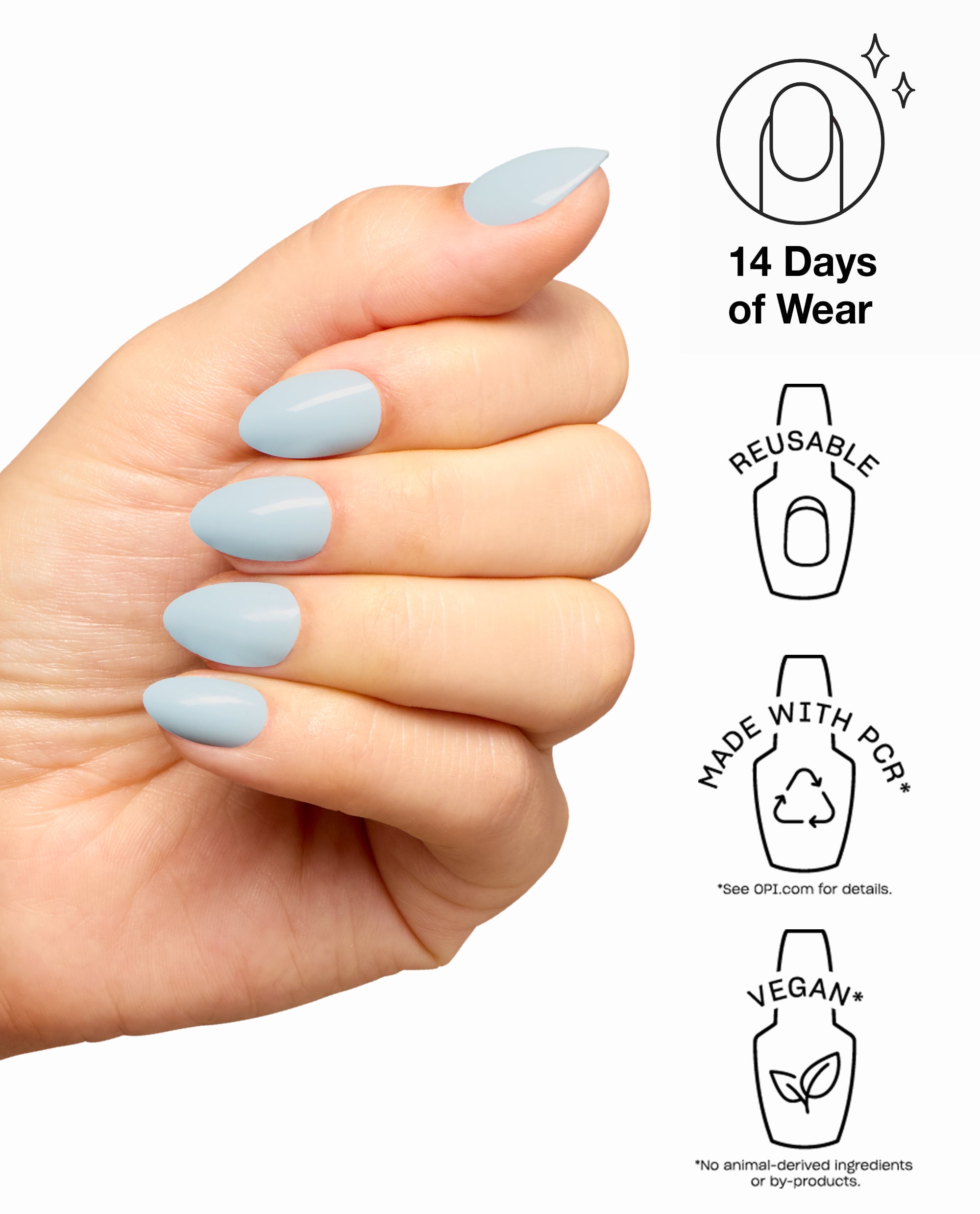 Hand wearing OPI It's a Bunny! xPRESS/ON press-on nails in glossy pale blue, shown beside benefit icons for 14 days of wear, reusable nails, made with PCR, and vegan formula.