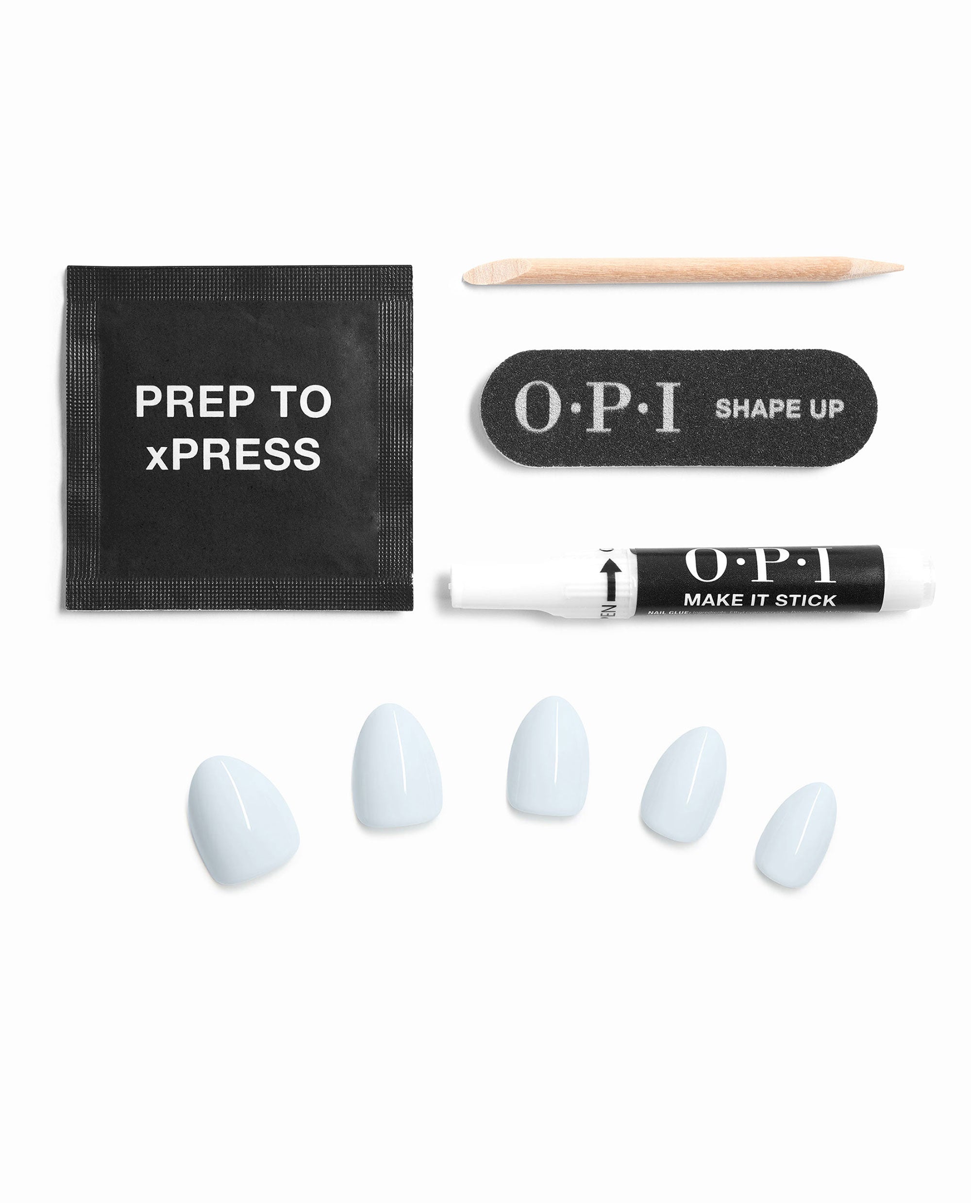OPI It's a Bunny! xPRESS/ON press-on nail kit contents arranged on a white background with pale blue nails, Prep to xPRESS wipe, nail glue, black OPI file, and wooden cuticle stick.