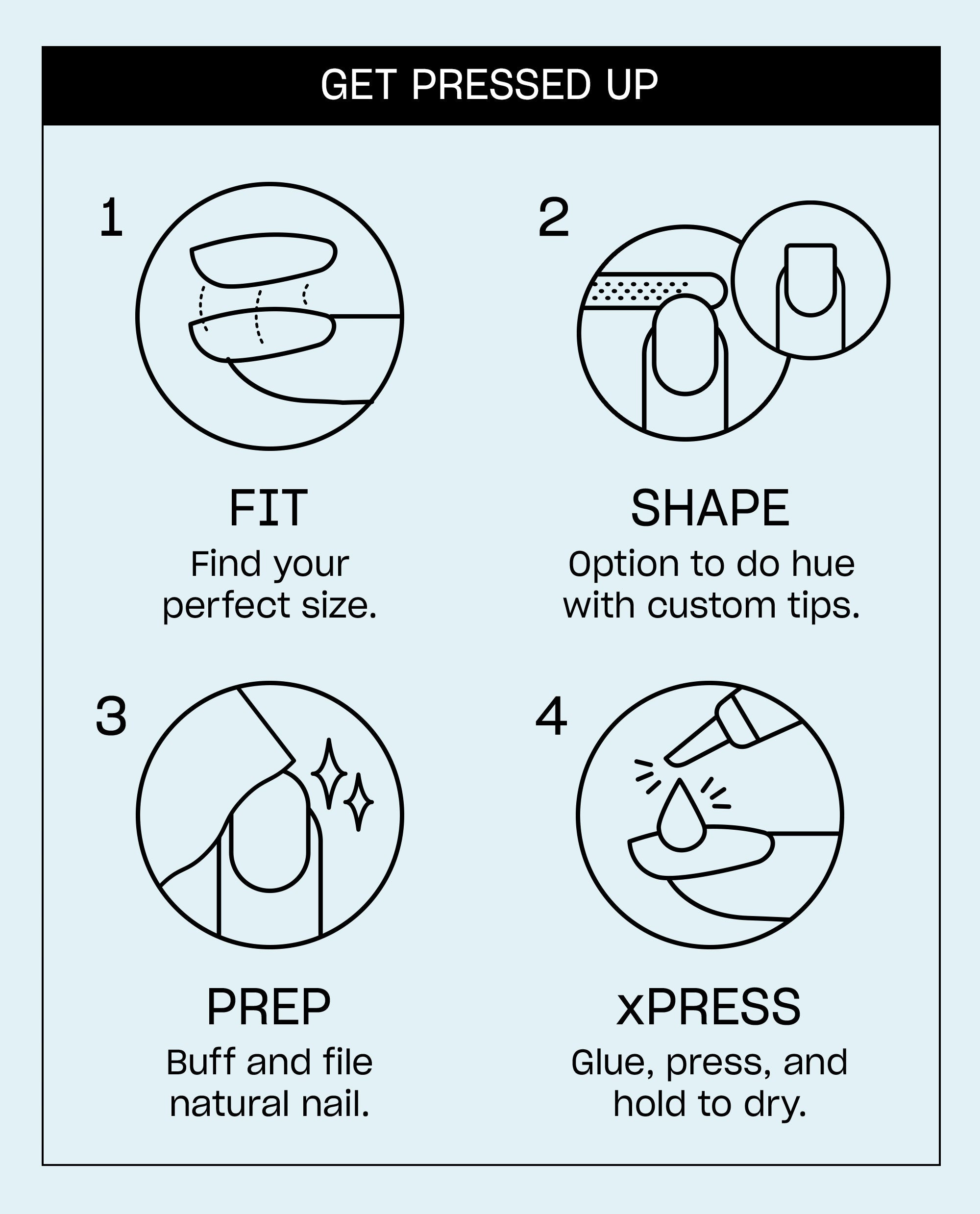 OPI It's a Bunny! xPRESS/ON instruction card shows four press-on nail steps: fit the right size, shape custom tips, prep by buffing and filing, then apply glue, press, and hold to dry.