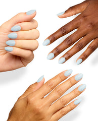 OPI It's a Bunny! xPRESS/ON press-on nails display glossy pale blue almond-shaped tips on three diverse hands against a clean white background.