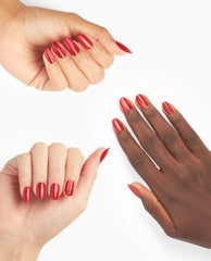 Hands display Kiss My Aries xPRESS/ON Effects OPI nail polish, showing glossy metallic red press-on nails in almond and oval shapes against a clean white background for a bold, salon-quality manicure look.
