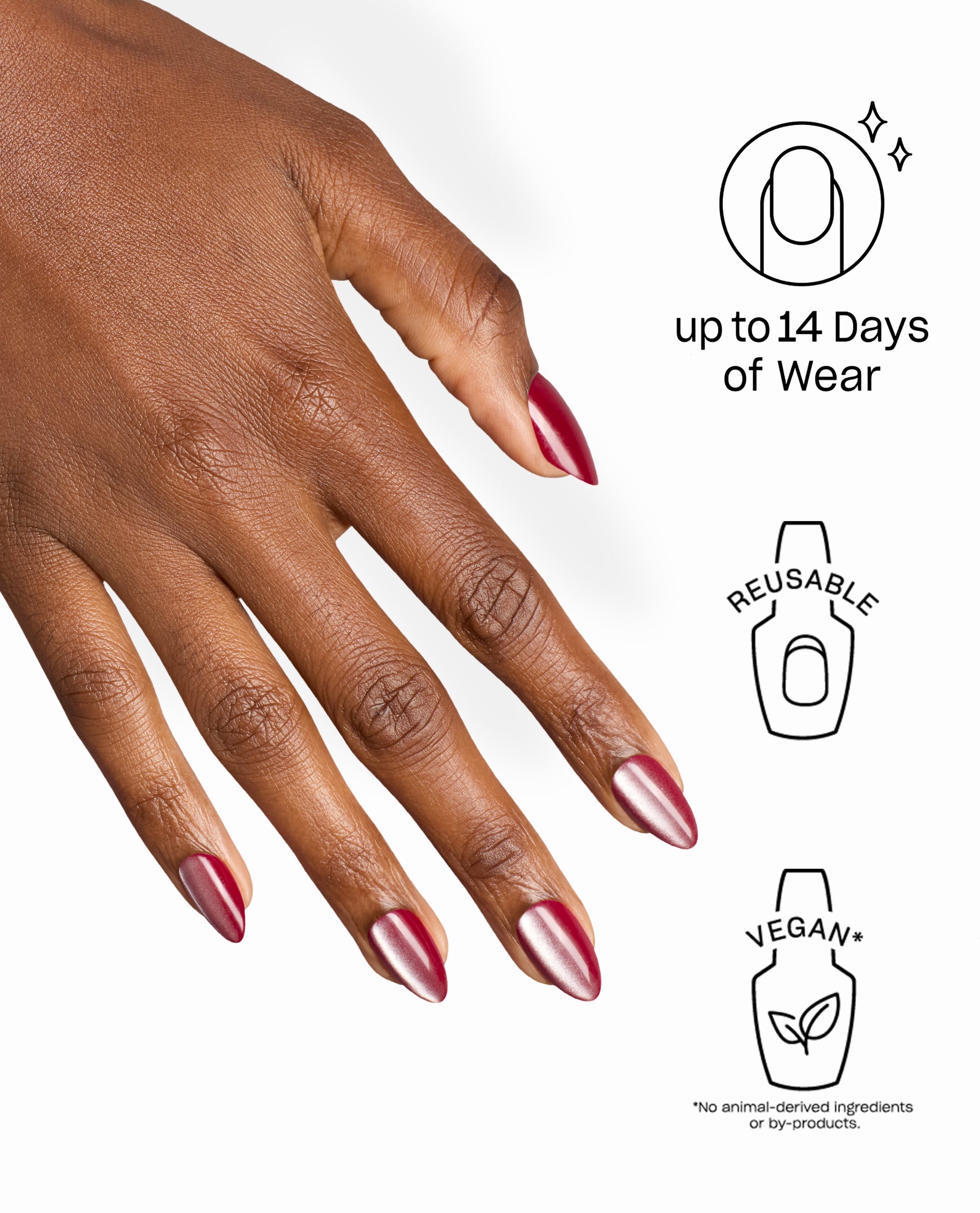 Kiss My Chic On Point artificial nails shown on a hand in shimmery burgundy OPI fall nail colors, with almond tips and icons noting up to 14 days of wear, reusable design, and vegan formula.