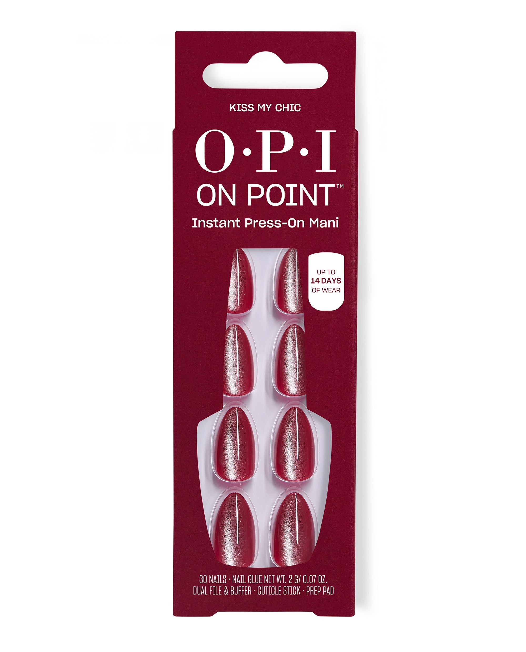 OPI On Point Kiss My Chic instant press-on manicure nails in shimmery deep red, displayed in burgundy packaging with 30 nails and glue, ideal for fall nail colors.