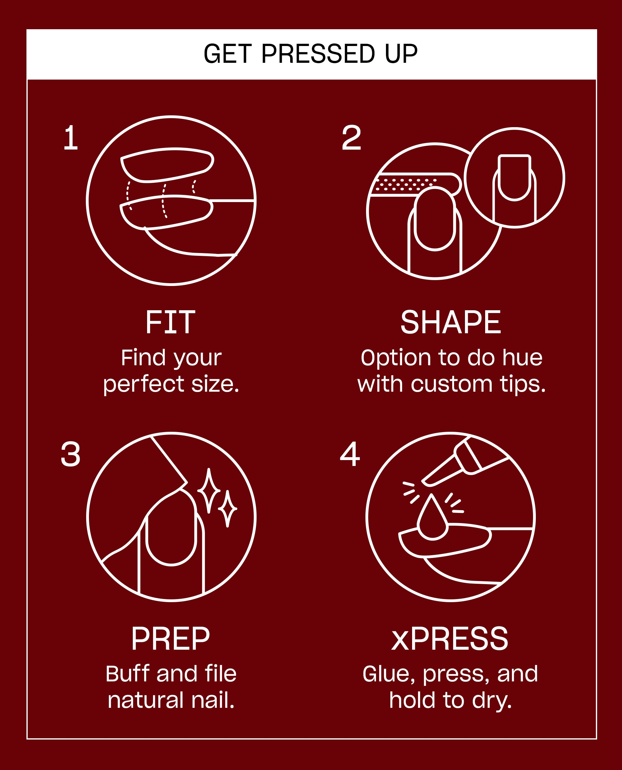 OPI Kiss My Chic On Point press-on nail instruction card shows four steps - fit, shape, prep, and xPRESS - on a burgundy background for fall nail colors.