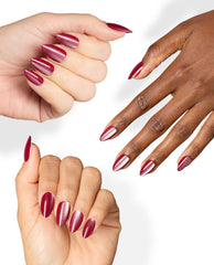 Kiss My Chic On Point almond nails display a glossy burgundy shimmer manicure on three hands, showcasing OPI fall nail colors against a clean white background.