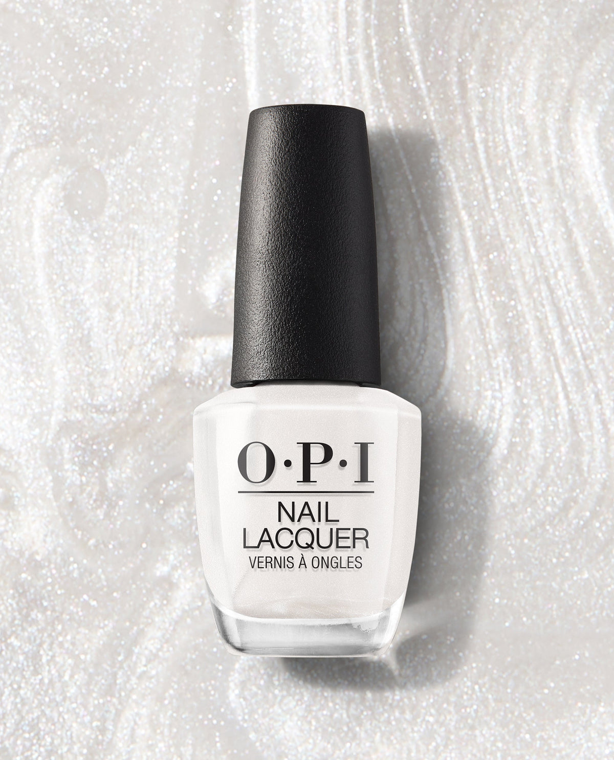 OPI Kyoto Pearl nail lacquer bottle stands upright with a black cap, showing a soft pearly white shimmer shade on a sparkling pearl-textured background, a trending manicure color.