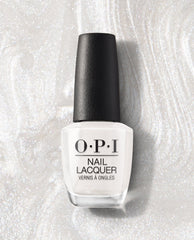OPI Kyoto Pearl nail lacquer bottle stands upright with a black cap, showing a soft pearly white shimmer shade on a sparkling pearl-textured background, a trending manicure color.