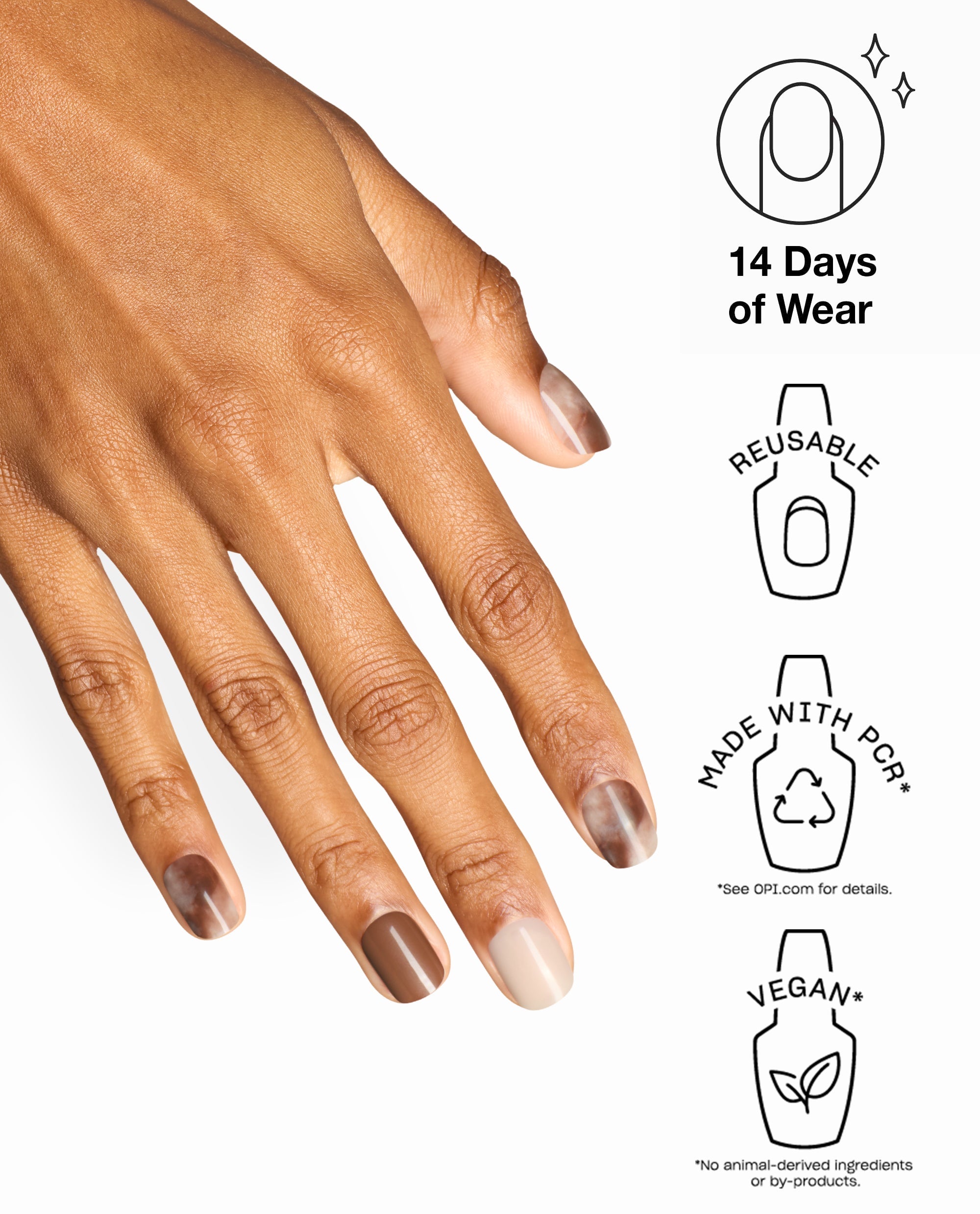 Hand wearing OPI Latte-tude xPRESS/ON press-on nails in glossy brown, beige, and marble fall nail colors beside icons for 14 days of wear, reusable, made with PCR, and vegan.