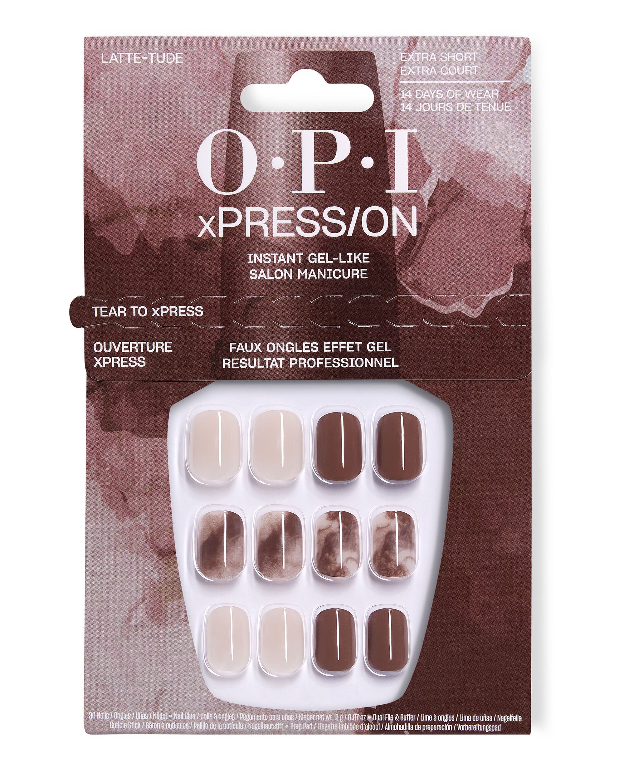 OPI Latte-tude xPRESS/ON extra short press-on nails display nude, espresso brown, and marbled coffee fall nail colors in gel-like artificial nail packaging.