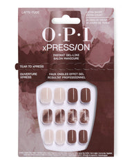 OPI Latte-tude xPRESS/ON extra short press-on nails display nude, espresso brown, and marbled coffee fall nail colors in gel-like artificial nail packaging.