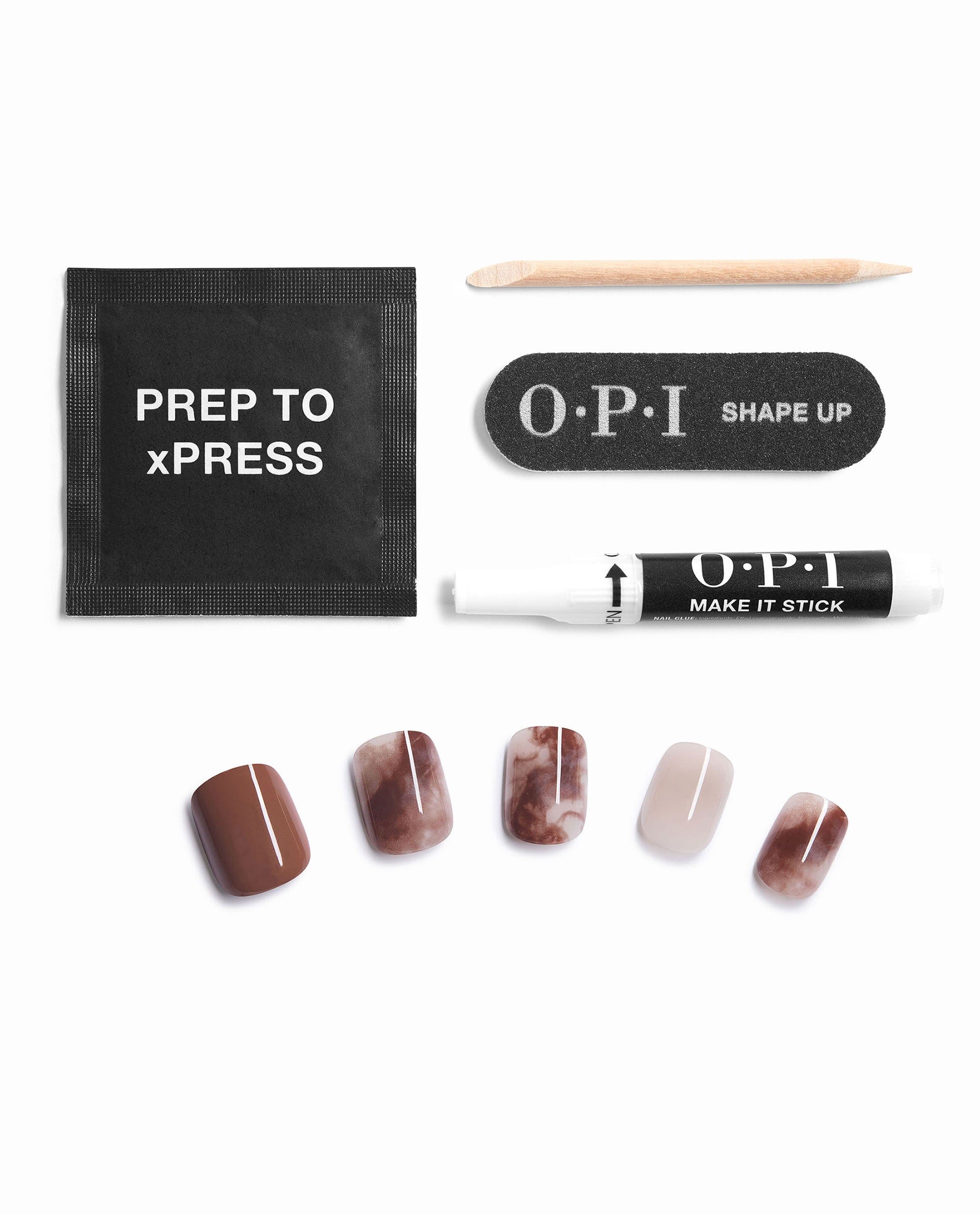 OPI Latte-tude xPRESS/ON press-on nail kit showcases fall nail colors in mocha, cream, and marble designs with prep pad, cuticle stick, Shape Up file, and Make It Stick nail glue.
