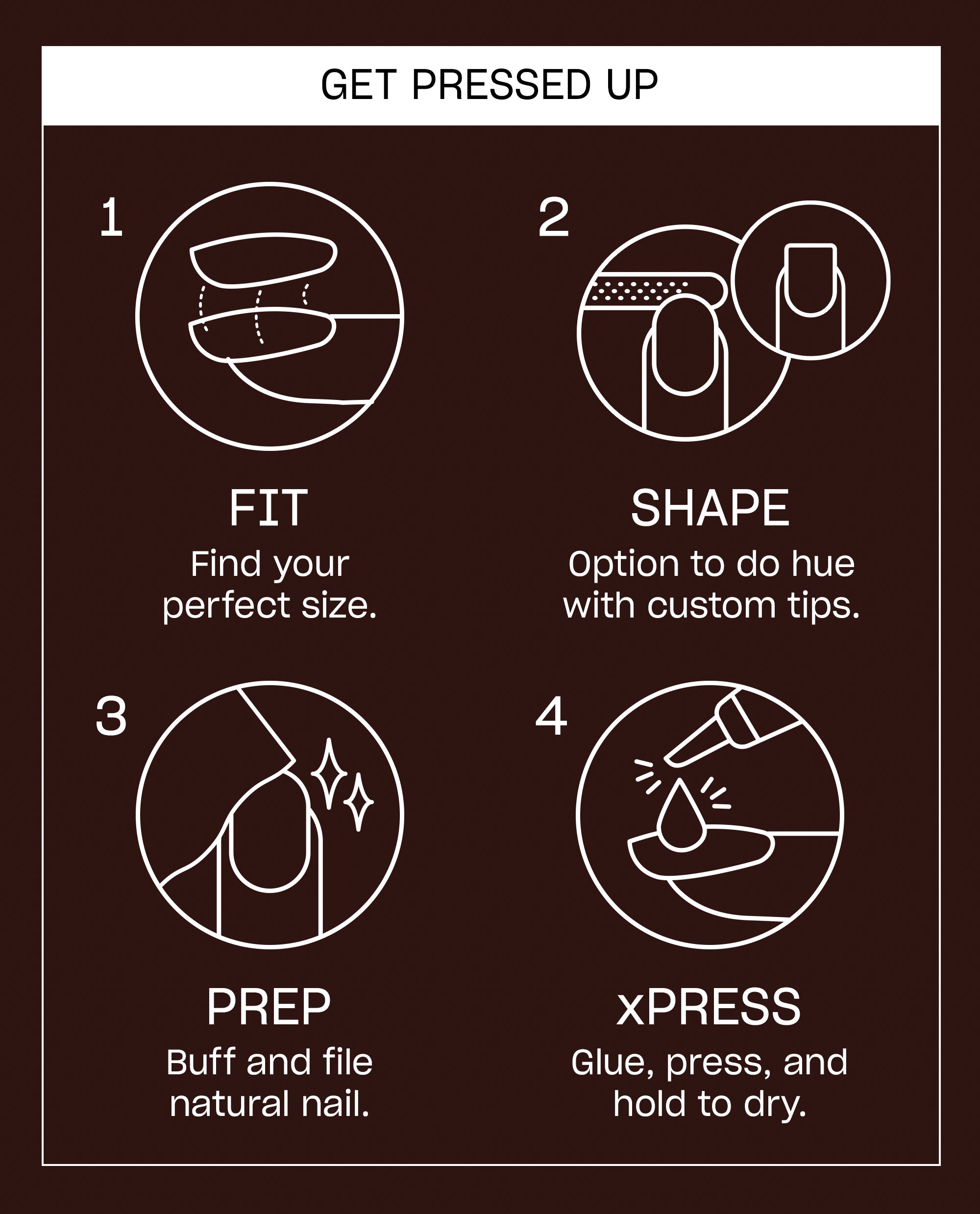 OPI Latte-tude xPRESS/ON press-on nail instructions show four steps - fit, shape, prep, and xPRESS with glue - on a dark brown fall nail colors guide.