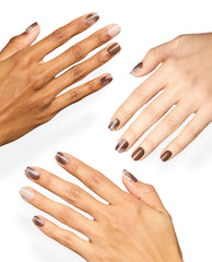 Hands model OPI xPRESS/ON Latte-tude press-on nails in glossy beige, mocha brown, and marbled coffee tones, showcasing chic fall nail colors on a clean white background.