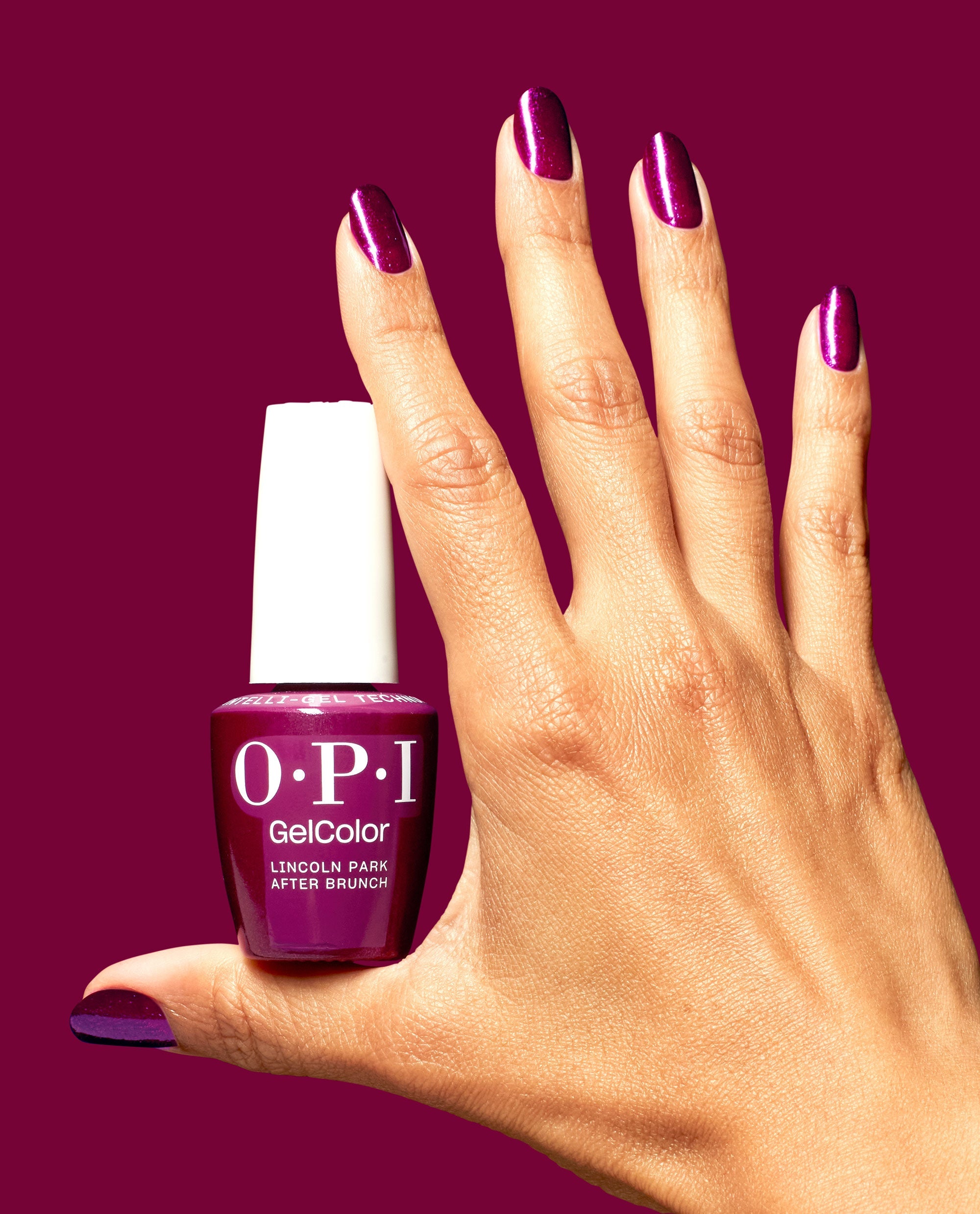 Lincoln Park After Brunch Shimmery Purple Gel Nail Polish Hand and Product