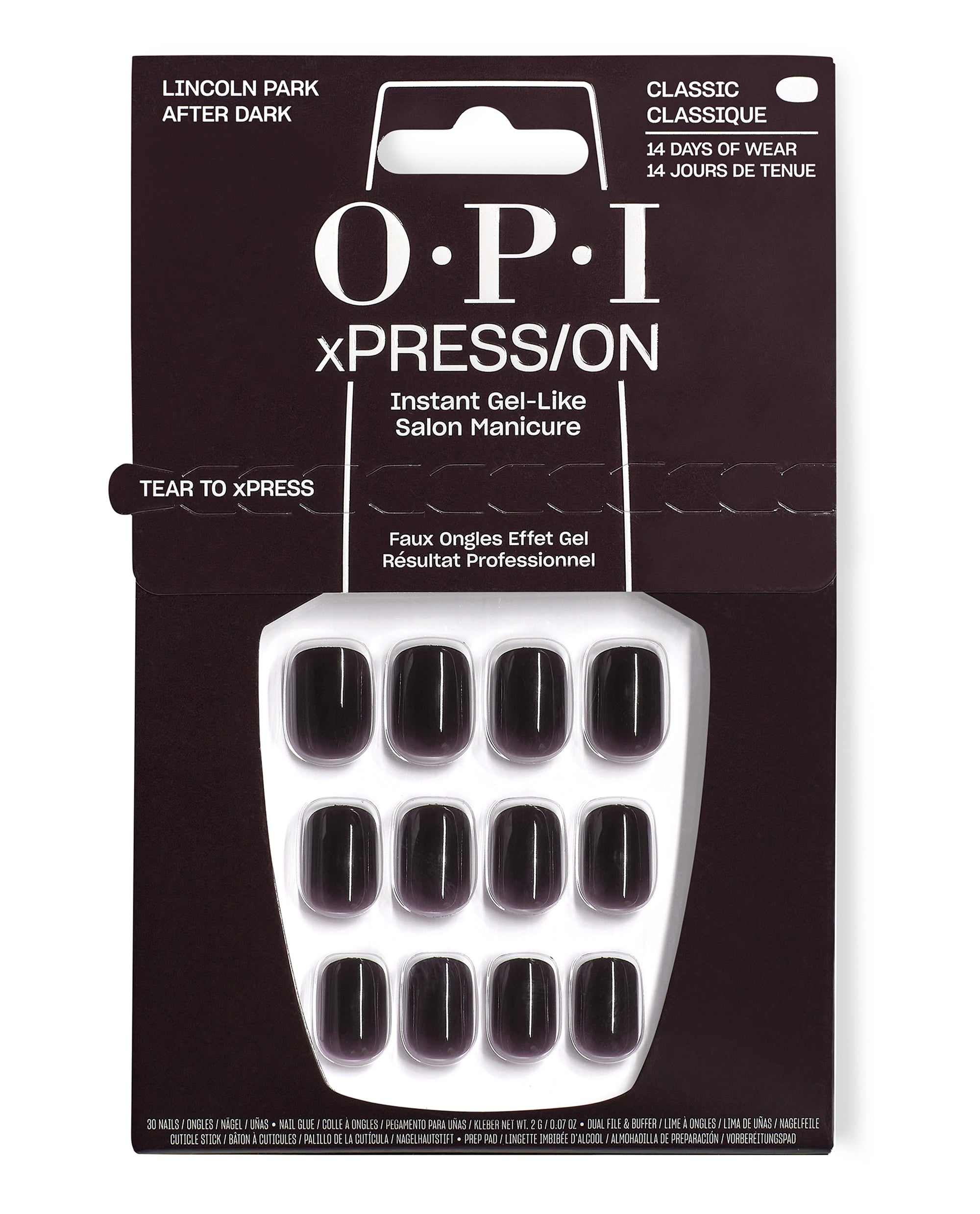 OPI xPRESS/ON Lincoln Park After Dark press-on nails display glossy deep plum-black classic gel-like tips in retail packaging, a dramatic choice for fall nail colors with up to 14 days of wear.