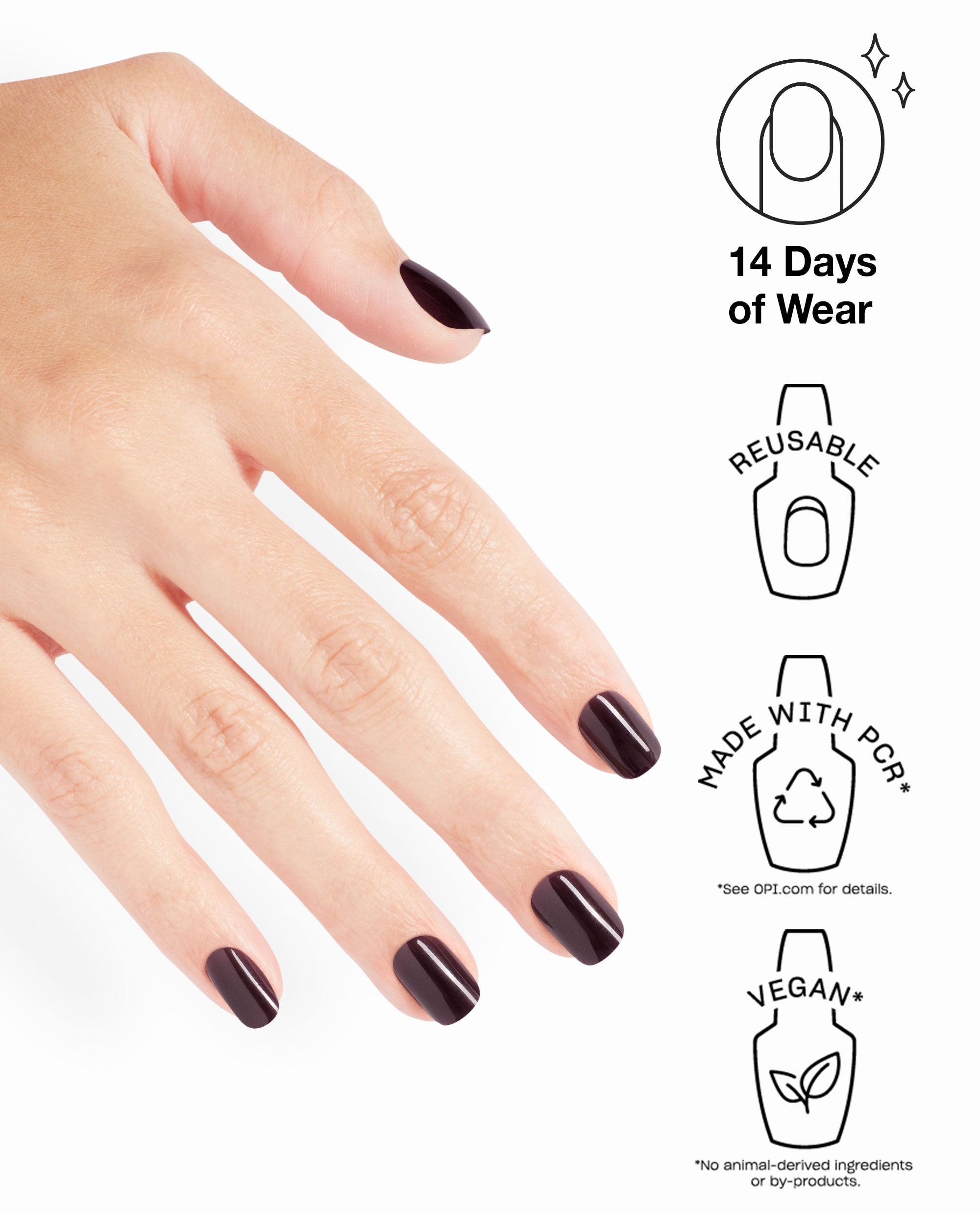 Hand wears OPI Lincoln Park After Dark xPRESS/ON press-on nails in glossy deep plum, with icons noting 14 days of wear, reusable tips, made with PCR, and vegan benefits for fall nail colors.
