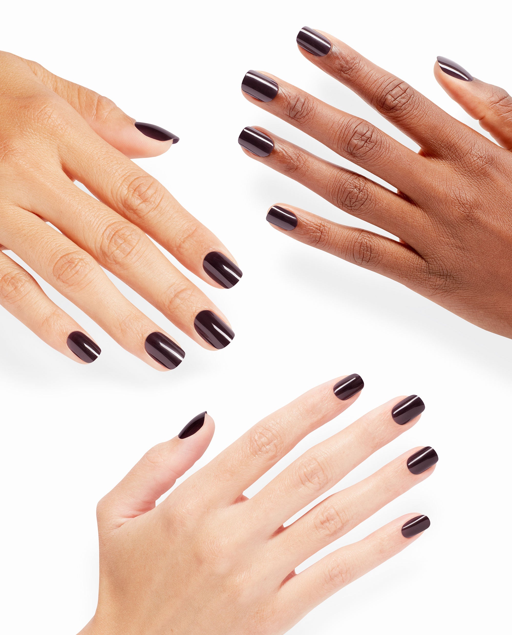 Three hands display glossy deep plum OPI Lincoln Park After Dark xPRESS/ON press-on nails, a dramatic short manicure shade for fall nail colors on a clean white background.