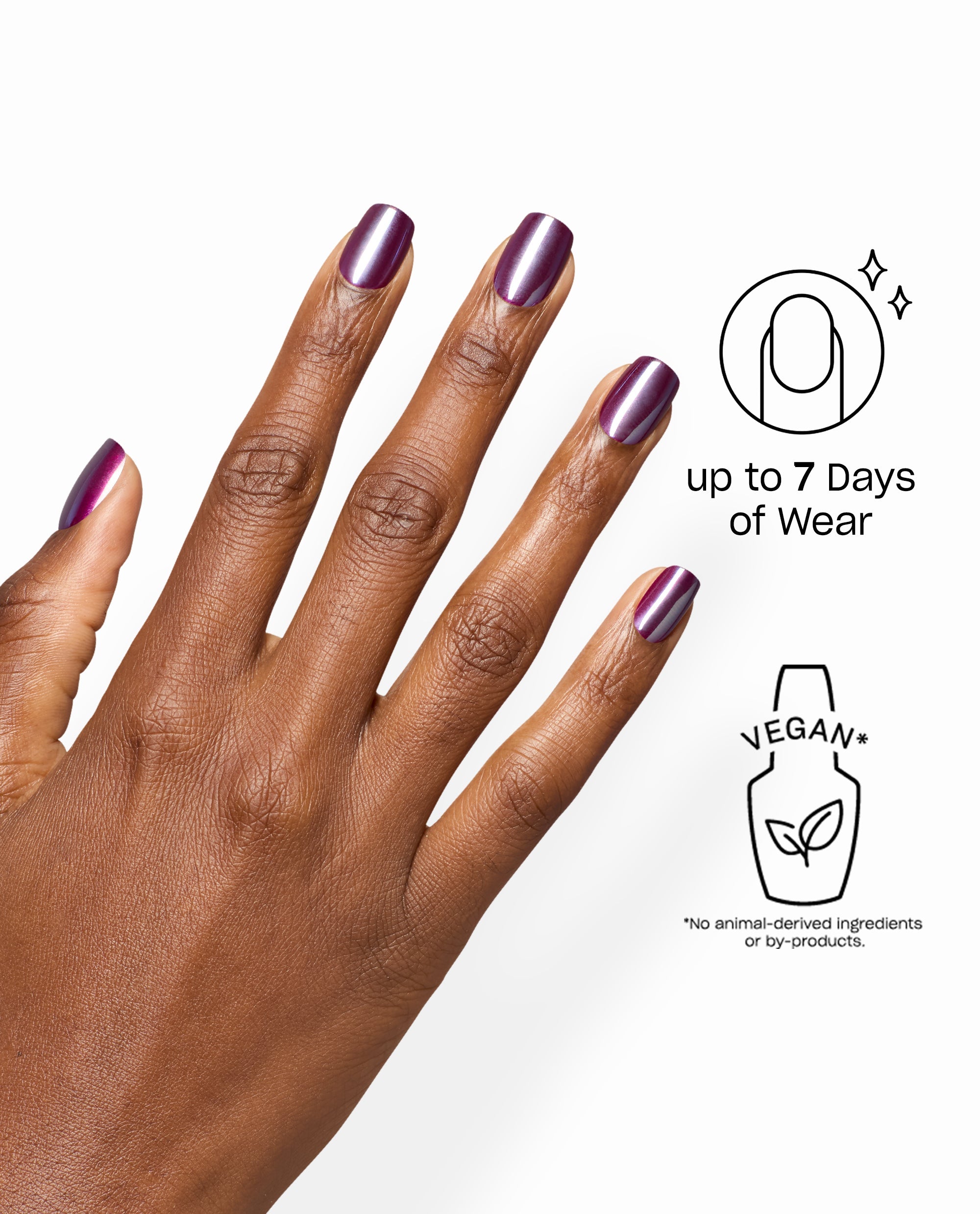 OPI Louvre Conquers All Sticking Point artificial nails show a glossy plum-purple fall nail color on a hand, with callouts for up to 7 days of wear and vegan ingredients on a white background.