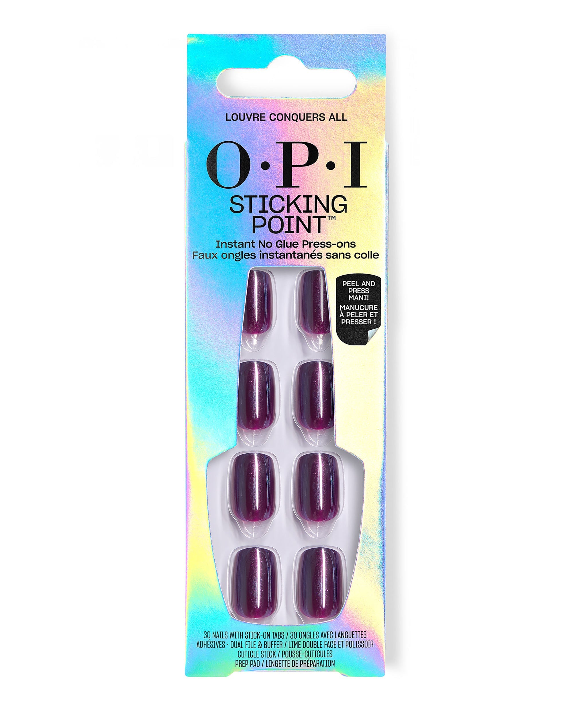 OPI Sticking Point Louvre Conquers All press-on nails display shimmery deep plum fall nail colors in iridescent packaging with instant no-glue peel-and-press application.