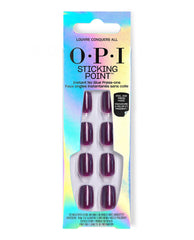 OPI Sticking Point Louvre Conquers All press-on nails display shimmery deep plum fall nail colors in iridescent packaging with instant no-glue peel-and-press application.