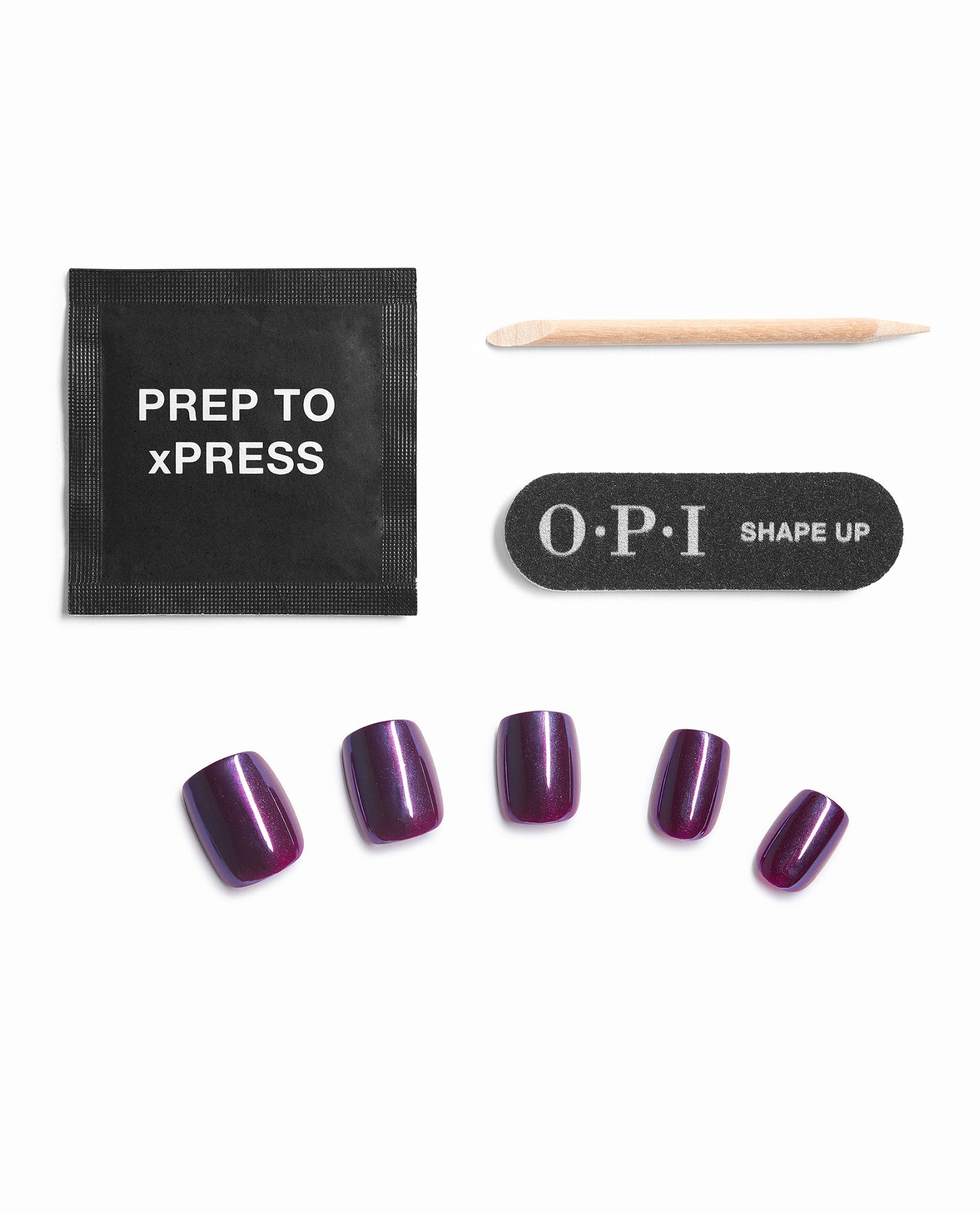 OPI Louvre Conquers All Sticking Point press-on nail kit displays glossy burgundy shimmer artificial nails with prep pad, wooden cuticle stick, and OPI nail file on a white background, ideal for fall nail colors.