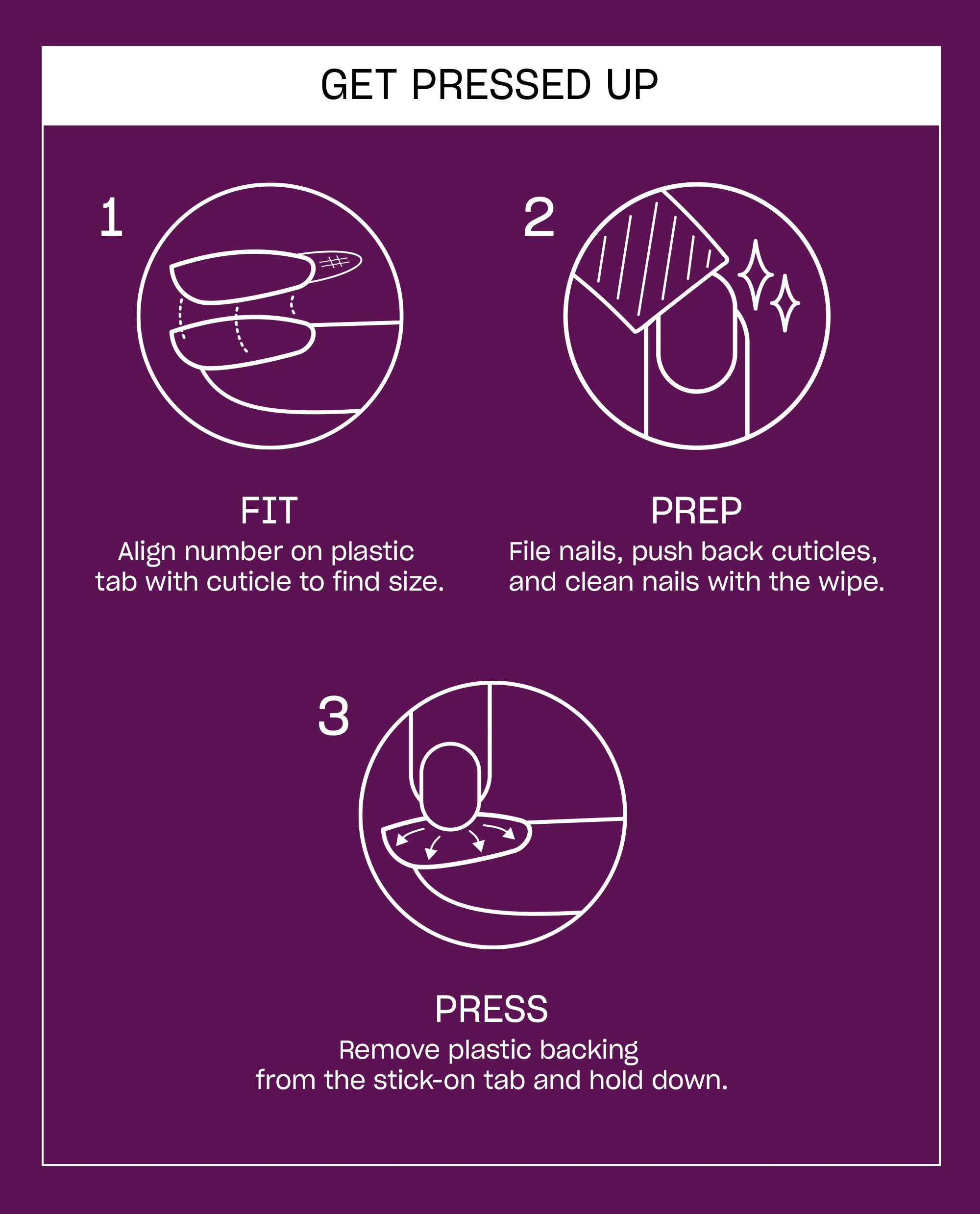 Louvre Conquers All Sticking Point press-on nail instructions show fit, prep, and press steps on a purple OPI fall nail colors guide.