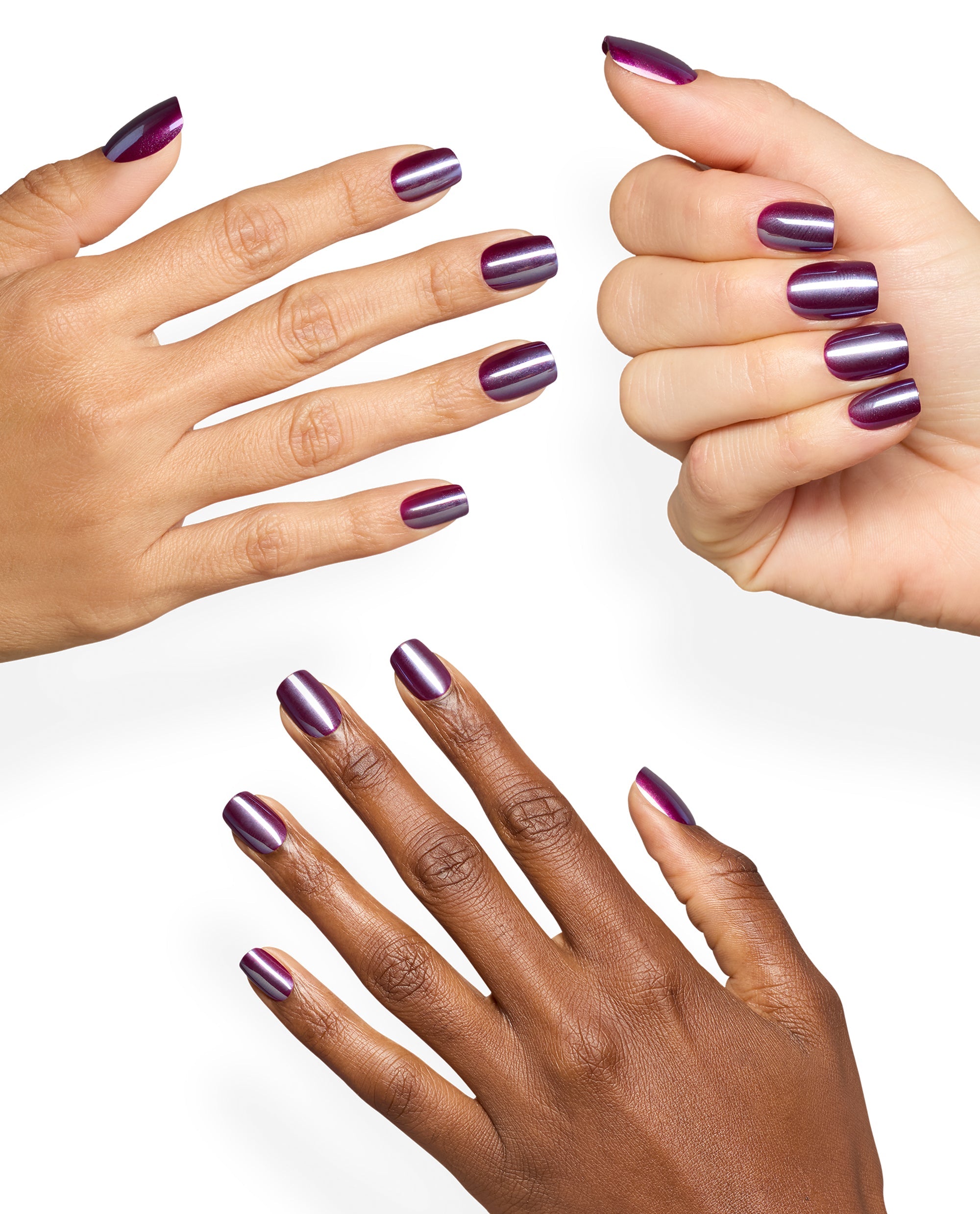 Diverse hands show OPI Louvre Conquers All Sticking Point nails, a glossy plum-purple metallic manicure with bright reflective stripes on a clean white background, ideal for fall nail colors.