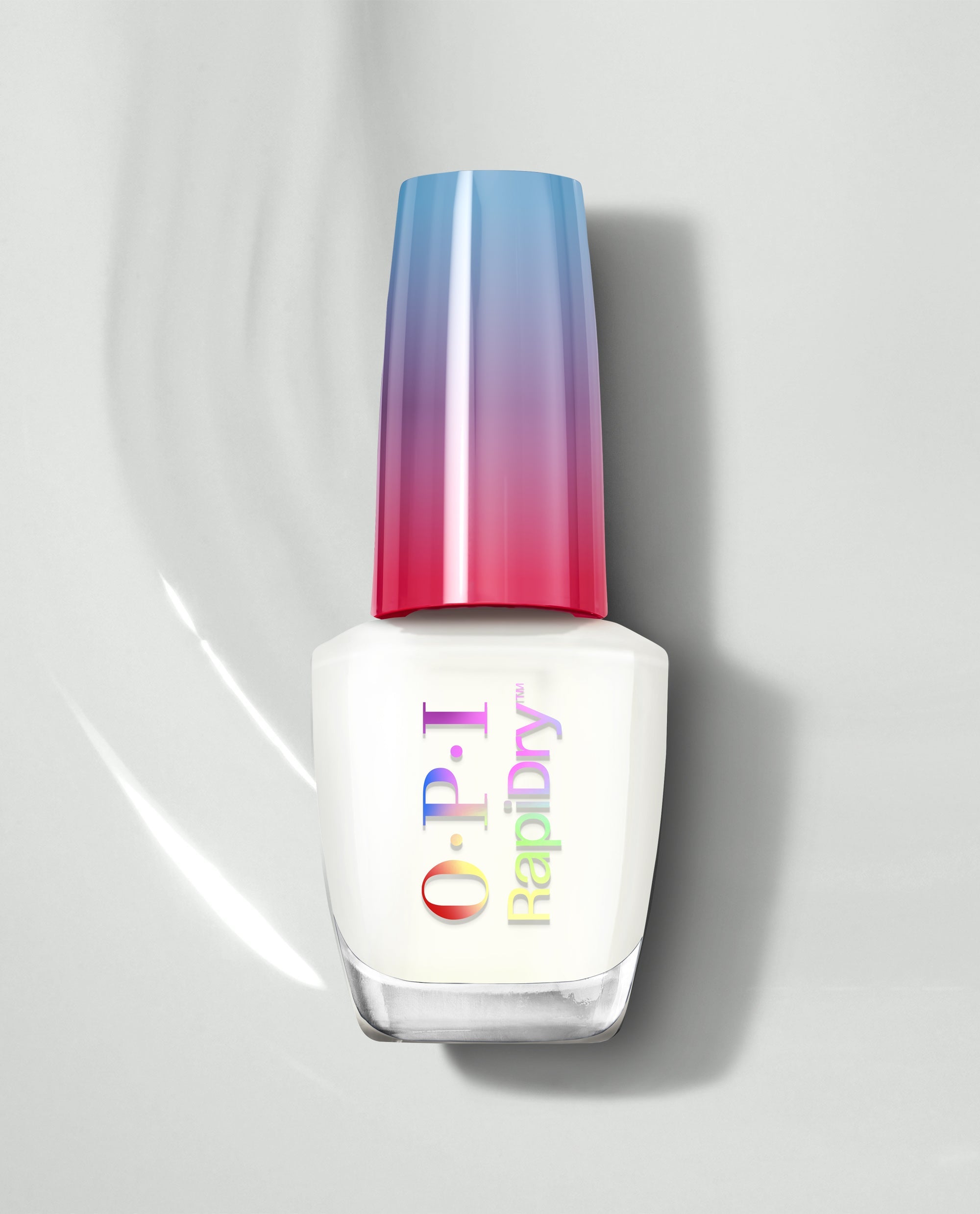 OPI RapiDry Love at Frost Sight nail polish bottle standing upright, featuring a frosted white formula in a clear glass base with a glossy blue-to-pink gradient cap, styled on a light gray background to promote an OPI nail polish gift set.