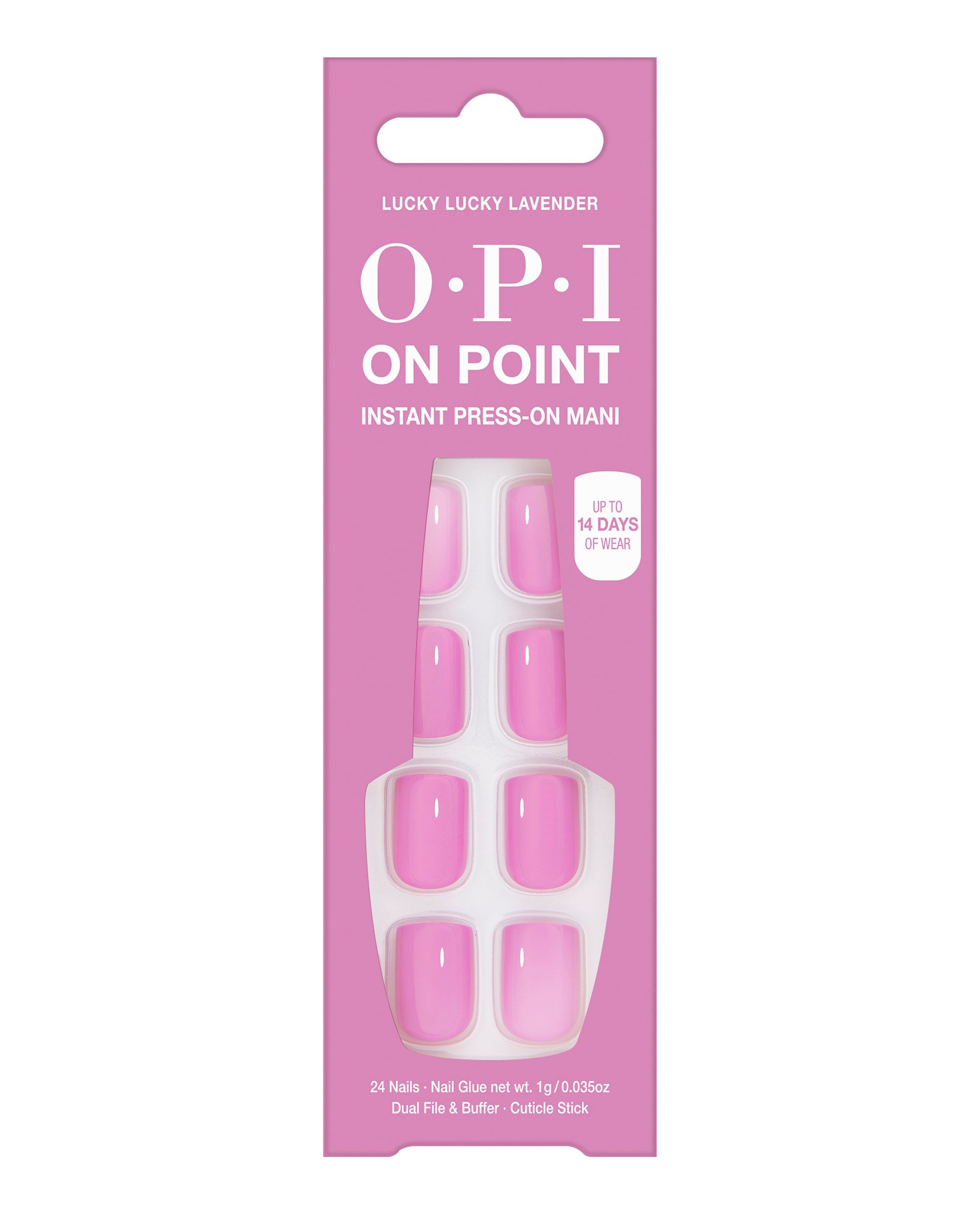 OPI Lucky Lucky Lavender On Point instant press-on mani displays glossy pink-lavender nails in a pink carton, offering up to 14 days of wear for fall nail colors.
