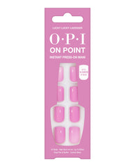 OPI Lucky Lucky Lavender On Point instant press-on mani displays glossy pink-lavender nails in a pink carton, offering up to 14 days of wear for fall nail colors.