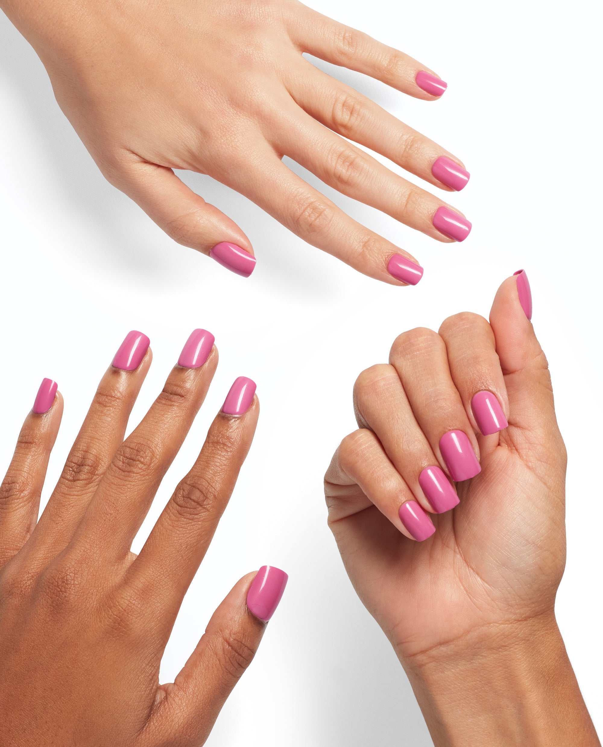Three hands display glossy Lucky Lucky Lavender On Point manicures, a vibrant pink-lavender OPI shade for polished fall nail colors on a clean white background.